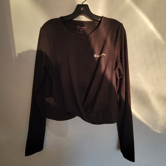 Champion Black Twist Front Long Sleeve Thumb Hole Workout Crop Top Size Medium - Picture 1 of 13
